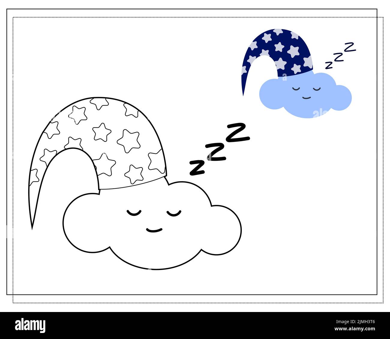Bild für Kinder. Zeichne eine niedliche Cartoon-Wolke, die in den Wolken in einer Schlafmütze auf der Grundlage der Zeichnung schläft. Stock Vektor