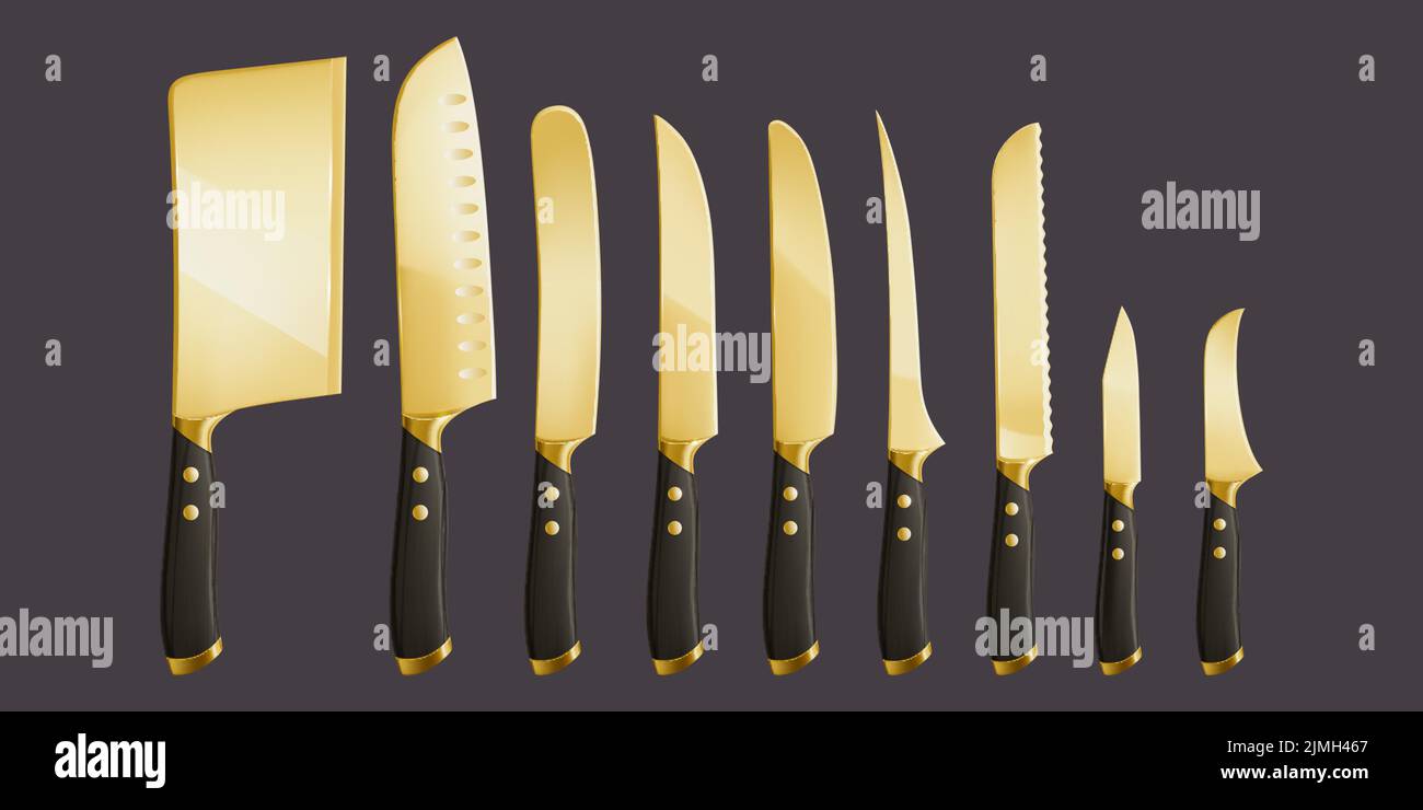 Küchenmesser, Küchenbesteck zum Kochen, Schneiden und Schnitzen von Speisen. Vector realistischer Satz von 3D Messern verschiedene Typen mit golden scharfen Klingen und bla Stock Vektor