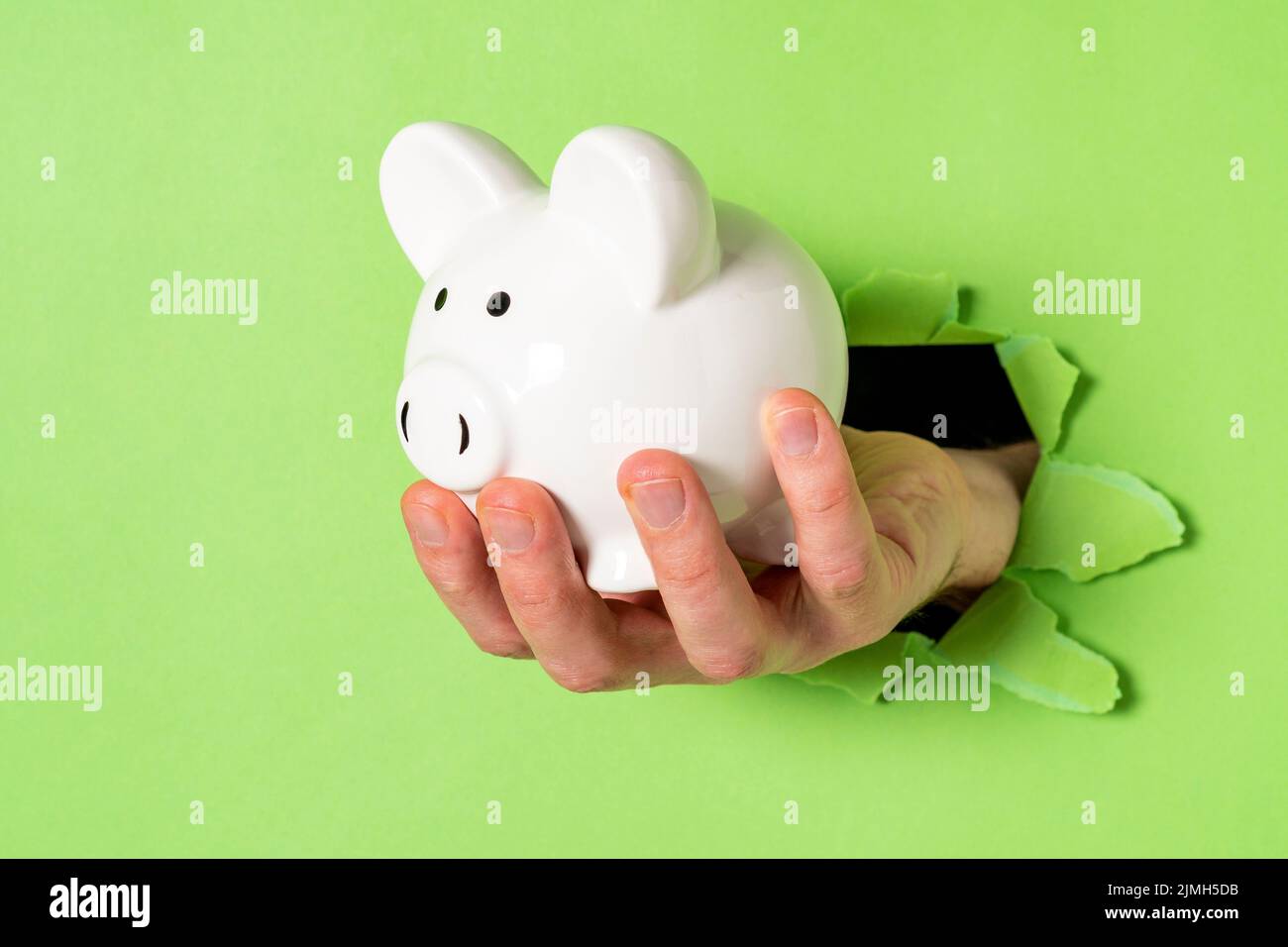 Hand mit einem weißen Sparschwein durch ein grünes Papierloch Stockfoto