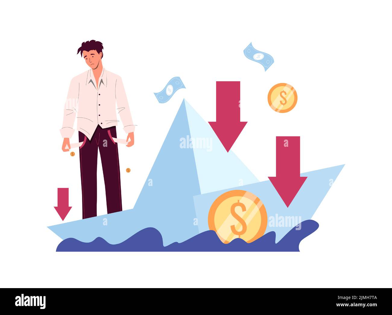 Finanzkrise und Zusammenbruch der Wirtschaft. Schlechter kaputter Mann mit Geschäftsproblem. Sinkendes Boot mit Geldverlust, Firmenbankrott oder Schuldenprobleme. Inve Stock Vektor
