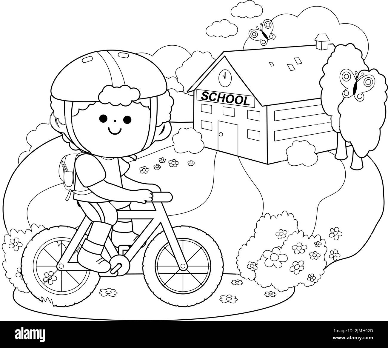 Junge, der mit dem Fahrrad zur Schule fährt. Vektor schwarz-weiß Malseite Stock Vektor