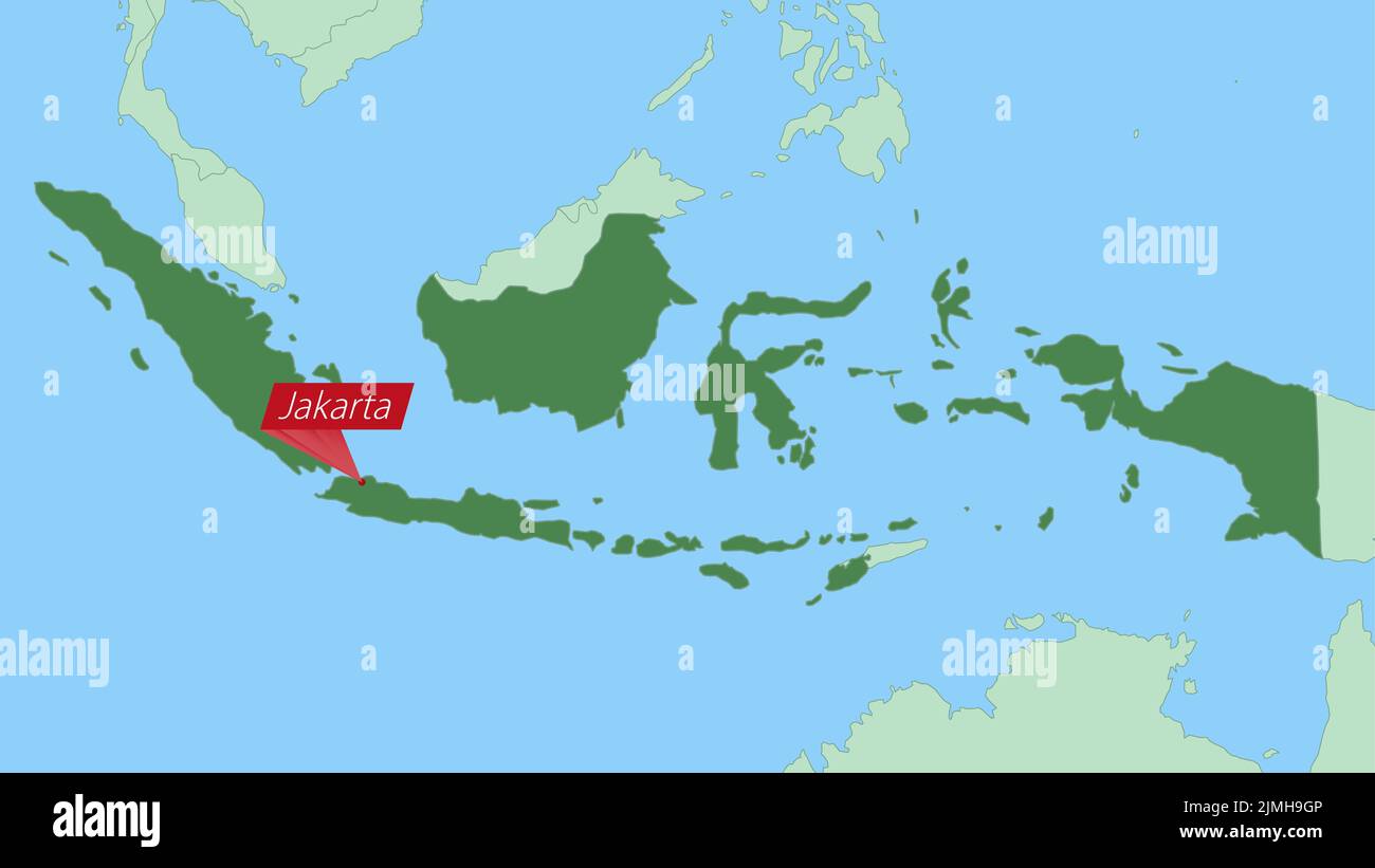 Karte von Indonesien mit Pin der Landeshauptstadt. Indonesien Karte mit Nachbarländern in grüner Farbe. Stock Vektor