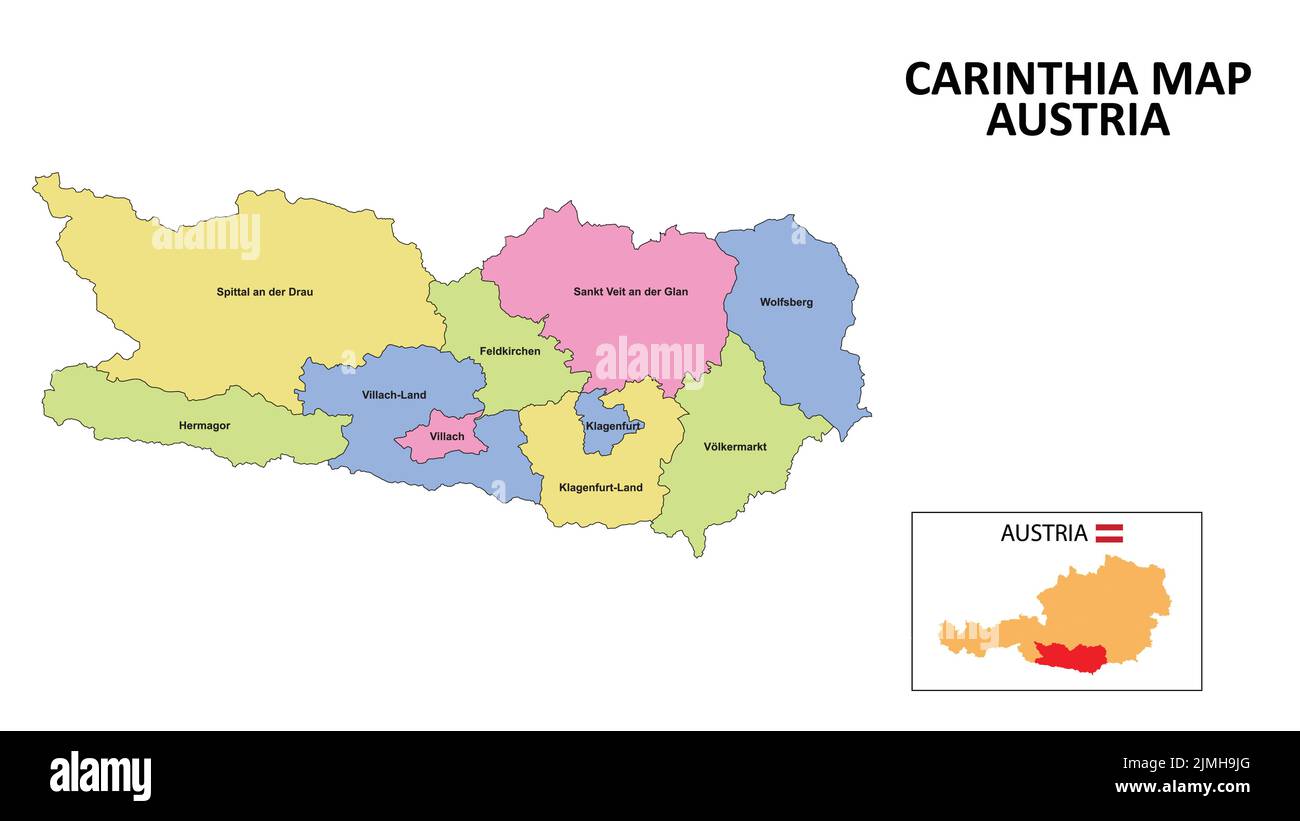 Kärntner Karte. Kreiskarte von Kärnten Detailkarte von Kärnten in Farbe mit Hauptstadt. Stock Vektor