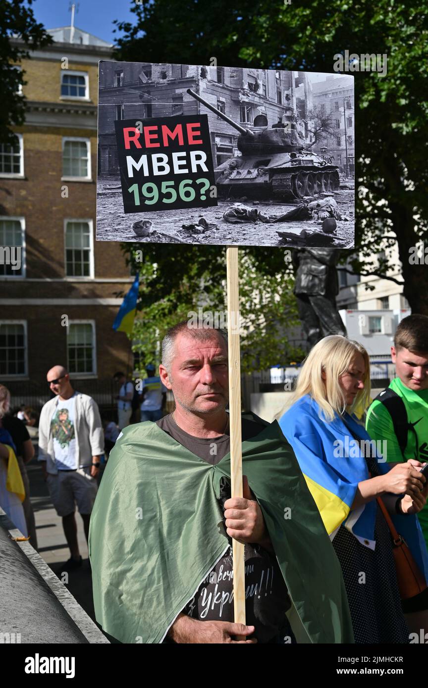 Wöchentliche Demonstration: Demonstranten mit Transparenten beim Ukraine-Krieg ist noch nicht vorbei Waffen Ukraine, Sie haben versprochen, die einzige Plattform, um Ukrainisch über den Krieg in der Ukraine zu erzählen. DIE USA und die NATO haben die Ukraine für sich bestimmt. Die Ukrainer bleiben stark und mutig im Kampf russische Truppen allein vor Downing Street, London, Großbritannien. 6.. August 2022. Stockfoto
