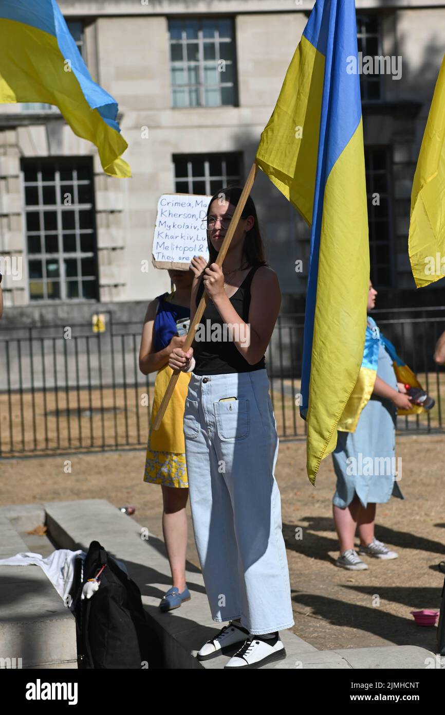 Wöchentliche Demonstration: Demonstranten mit Transparenten beim Ukraine-Krieg ist noch nicht vorbei Waffen Ukraine, Sie haben versprochen, die einzige Plattform, um Ukrainisch über den Krieg in der Ukraine zu erzählen. DIE USA und die NATO haben die Ukraine für sich bestimmt. Die Ukrainer bleiben stark und mutig im Kampf russische Truppen allein vor Downing Street, London, Großbritannien. 6.. August 2022. Stockfoto
