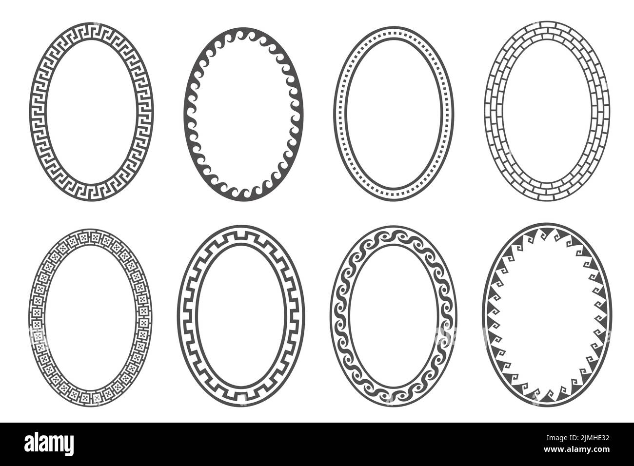 Griechischer Schlüsselrahmen mit ovalem Rahmen. Kreisränder mit mäanderförmigen Ornamenten. Ellipse antike Designs. Vektor Stock Vektor