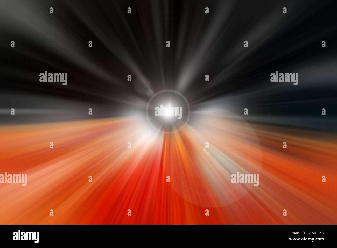 Dynamische Orange und schwarze Linien aus Licht. Licht von zentraler Punkt. Stockfoto