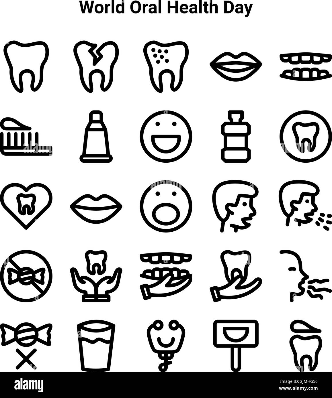 Eine Reihe von Umrisssymbolen für den World Oral Healthy Day mit weißem Hintergrund Stock Vektor