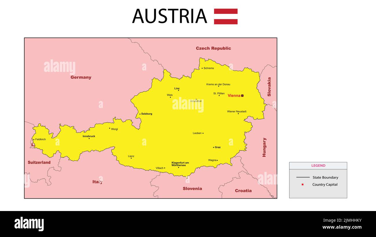 Österreich-Karte. Politische Landkarte von Österreich. Österreich Karte mit gelber Farbe. Stock Vektor
