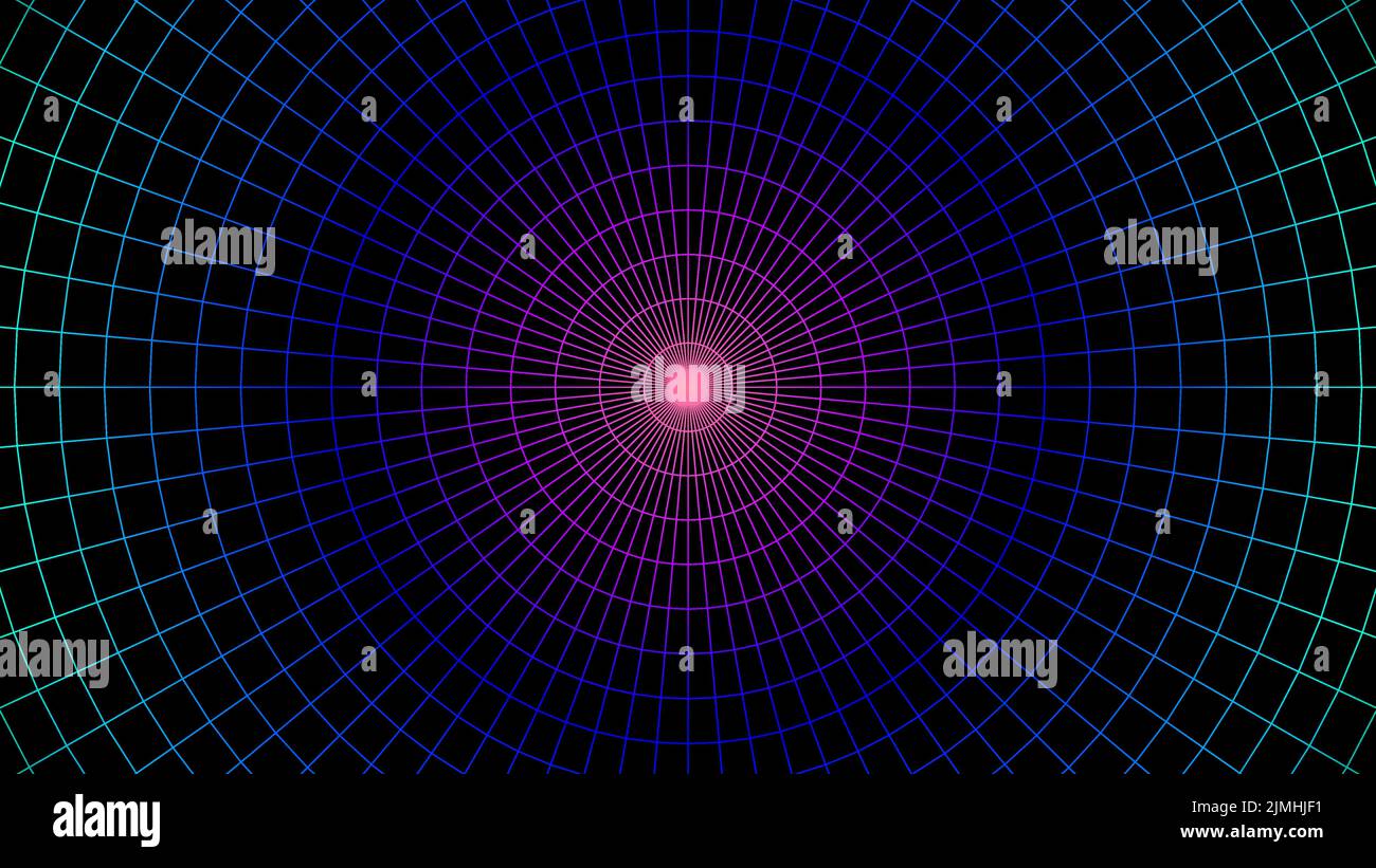 Geometrischer Gitterhintergrund mit neonfarbenem 80s gestyltem Mesh. Abstrakter Synthesizer- oder retrowave-Hintergrund mit Retro-Computerraster. Stock Vektor