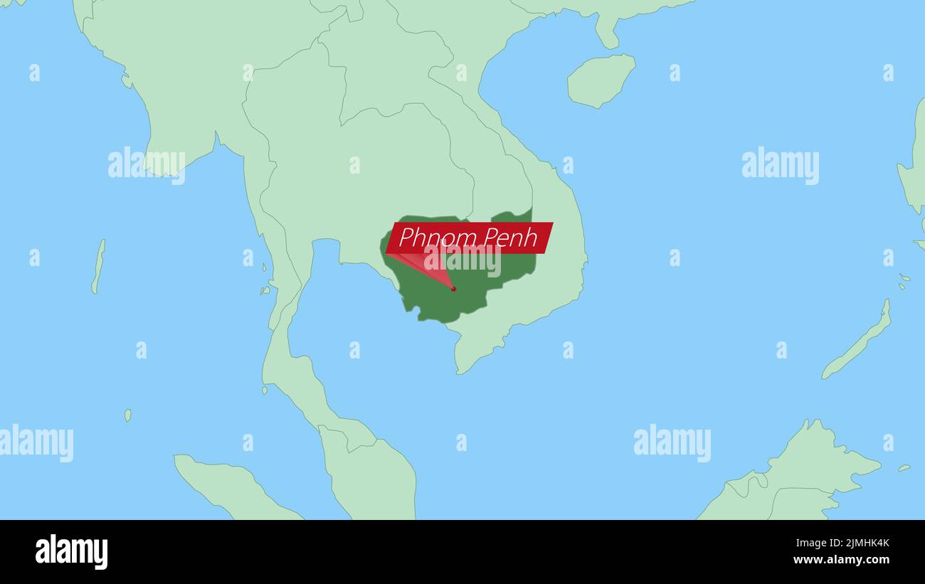 Karte von Kambodscha mit Pin der Landeshauptstadt. Kambodscha Karte mit Nachbarländern in grüner Farbe. Stock Vektor