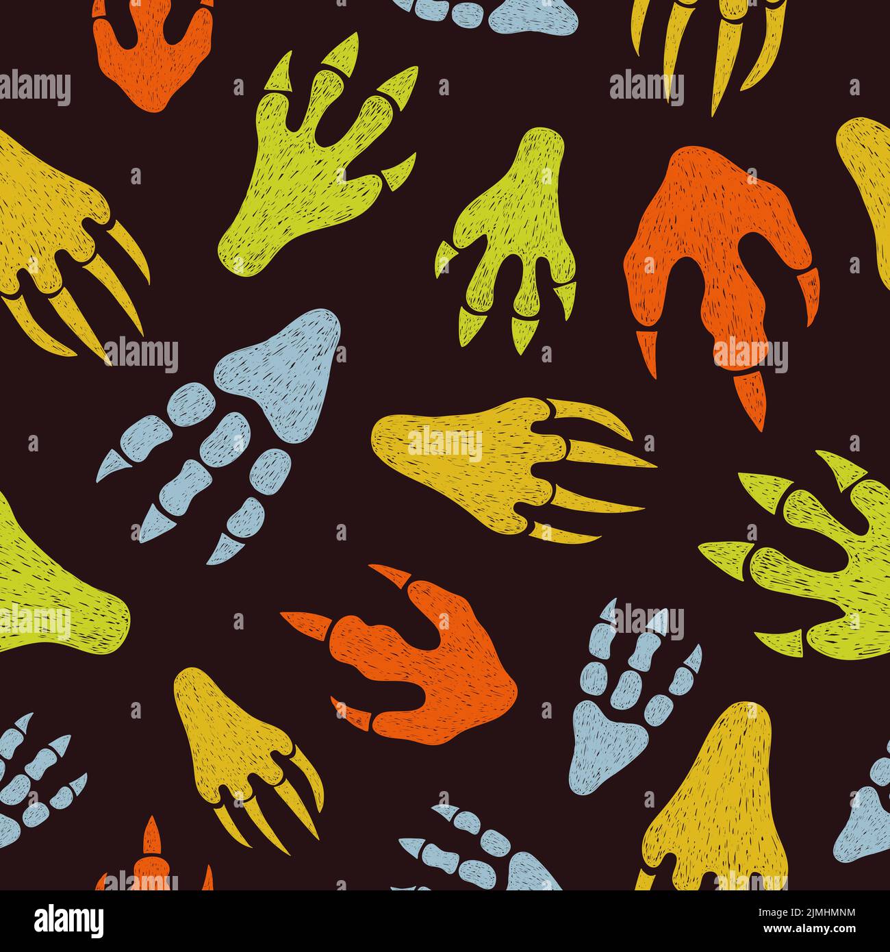 Dinosaurier-Fußabdrücke mit nahtlosem Muster. Vektor bunte Doodle Illustration Stock Vektor