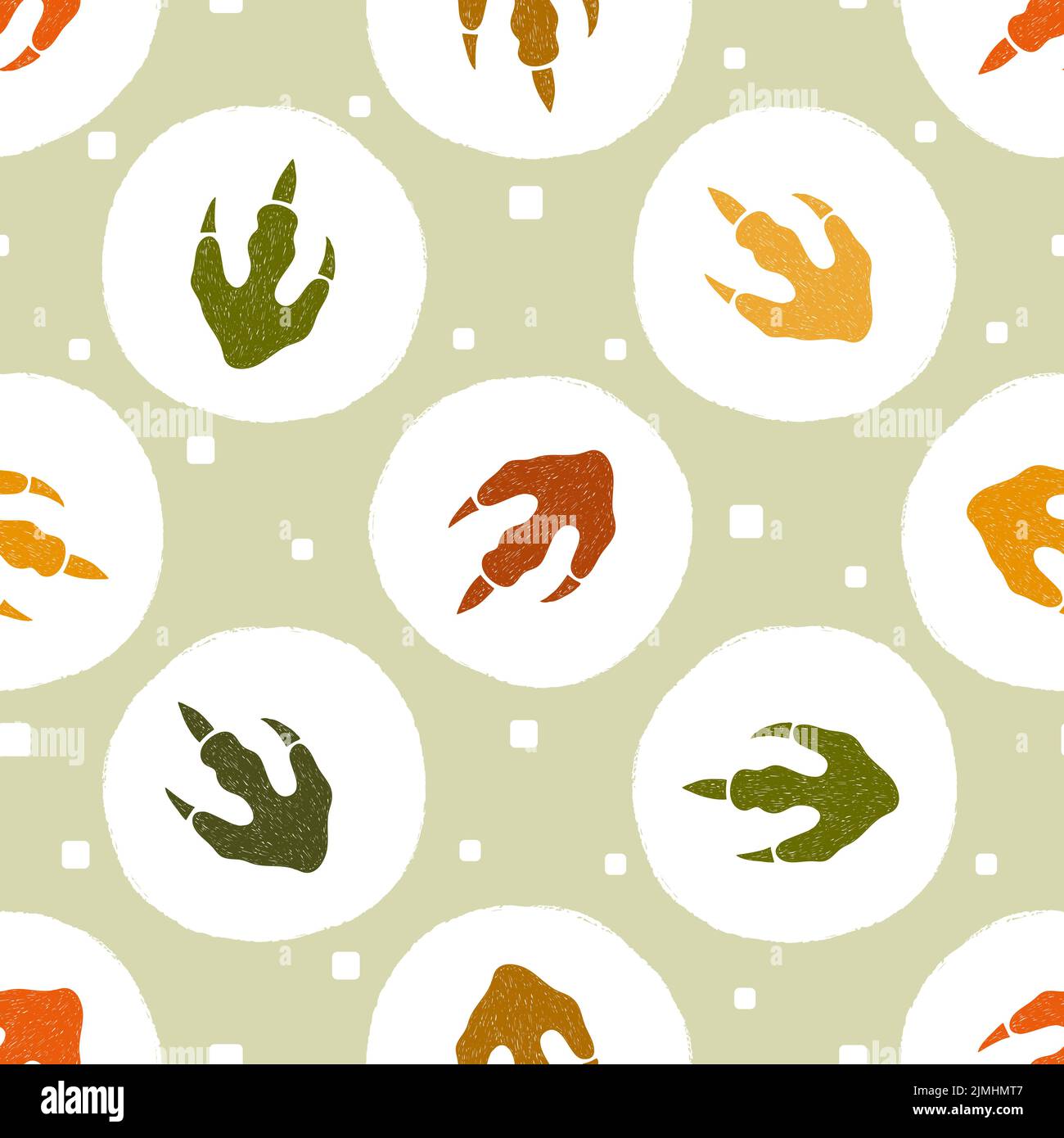 Dinosaurier-Fußabdrücke. Kindliche Vektorgrafik mit Tupfen und Dinosaurierpfoten. Stock Vektor