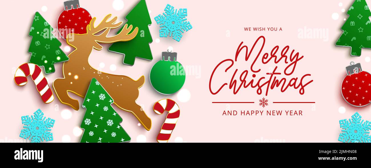 Weihnachten Gruß Vektor Hintergrund-Design. Frohe weihnachten Text mit Weihnachtsschmuck aus Hirsch, Baum und Kugeln Elemente für Weihnachten Saison Dekoration. Stock Vektor