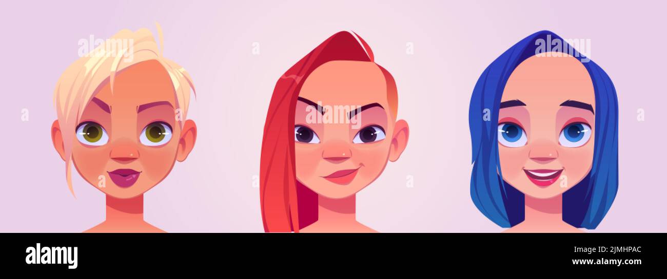Frauen Köpfe mit blonden, roten und blauen Frisuren. Weibliche Porträts mit verschiedenen stilvollen Haarschnitten. Vektor Cartoon Illustration von schönen Mädchen Gesicht Stock Vektor