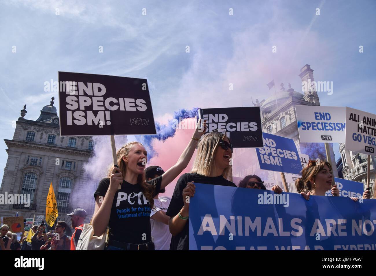 London, Großbritannien. 6.. August 2022. Demonstranten marschieren durch den Piccadilly Circus Tausende von Menschen marschierten durch das Zentrum Londons, um Tierrechte und Veganismus zu unterstützen und forderten ein Ende des Artenismus und aller Formen der Tierausbeutung. Kredit: Vuk Valcic/Alamy Live Nachrichten Stockfoto