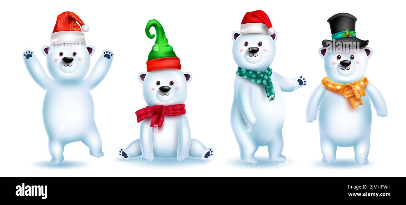 Eisbären Zeichen Vektor gesetzt. Weihnachtsbär 3D niedlichen Charakter in lustig und verspielt Geste mit Hut und Schal für Weihnachten Winter Tier Kollektion. Stock Vektor