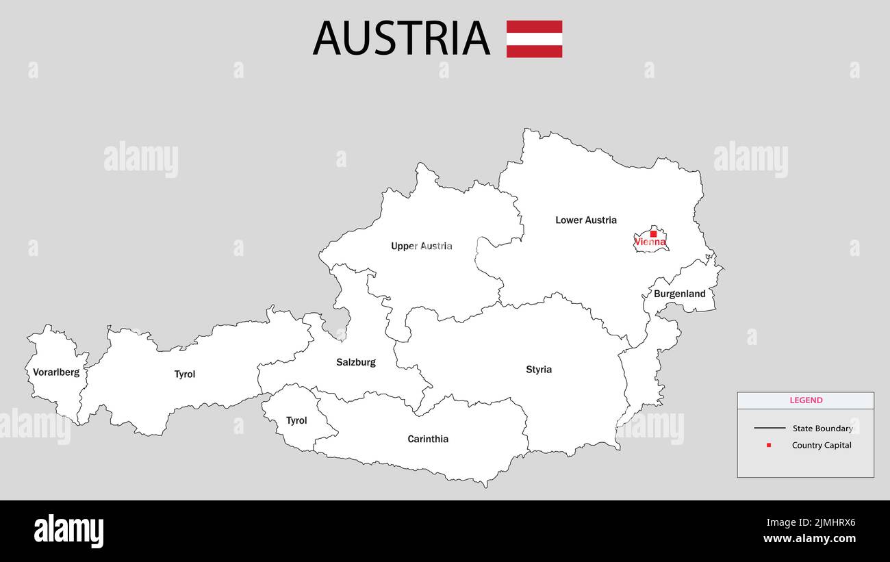 Österreich-Karte. Österreich Karte mit weißem Hintergrund und allen Landesnamen. Stock Vektor