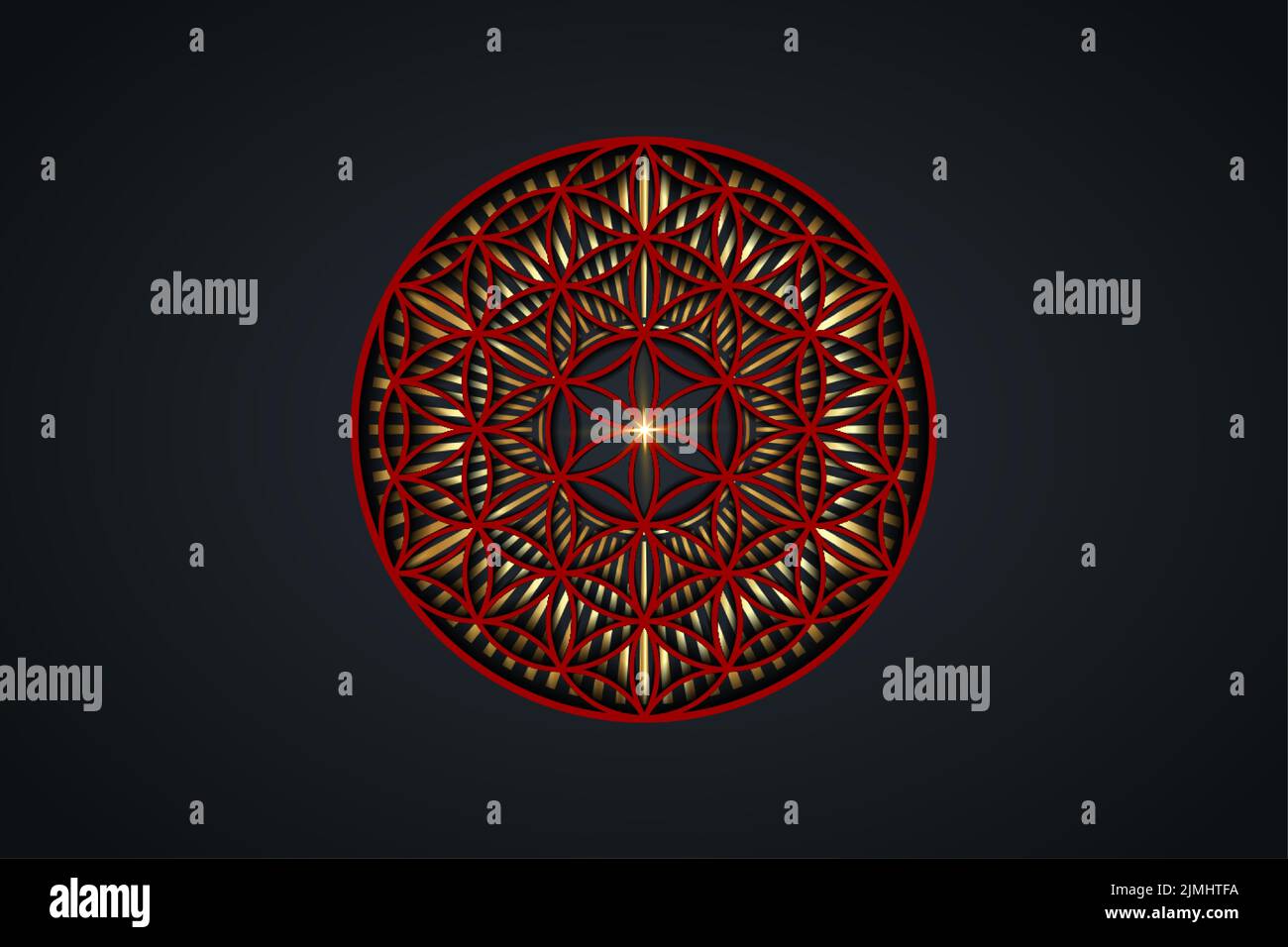 Blume des Lebens, Gold spirituelles Mandala, Heilige Geometrie. Strahlende goldene Strahlen, Symbol für Harmonie und Gleichgewicht. Mystischer Talisman, roter Luxus rund Stock Vektor