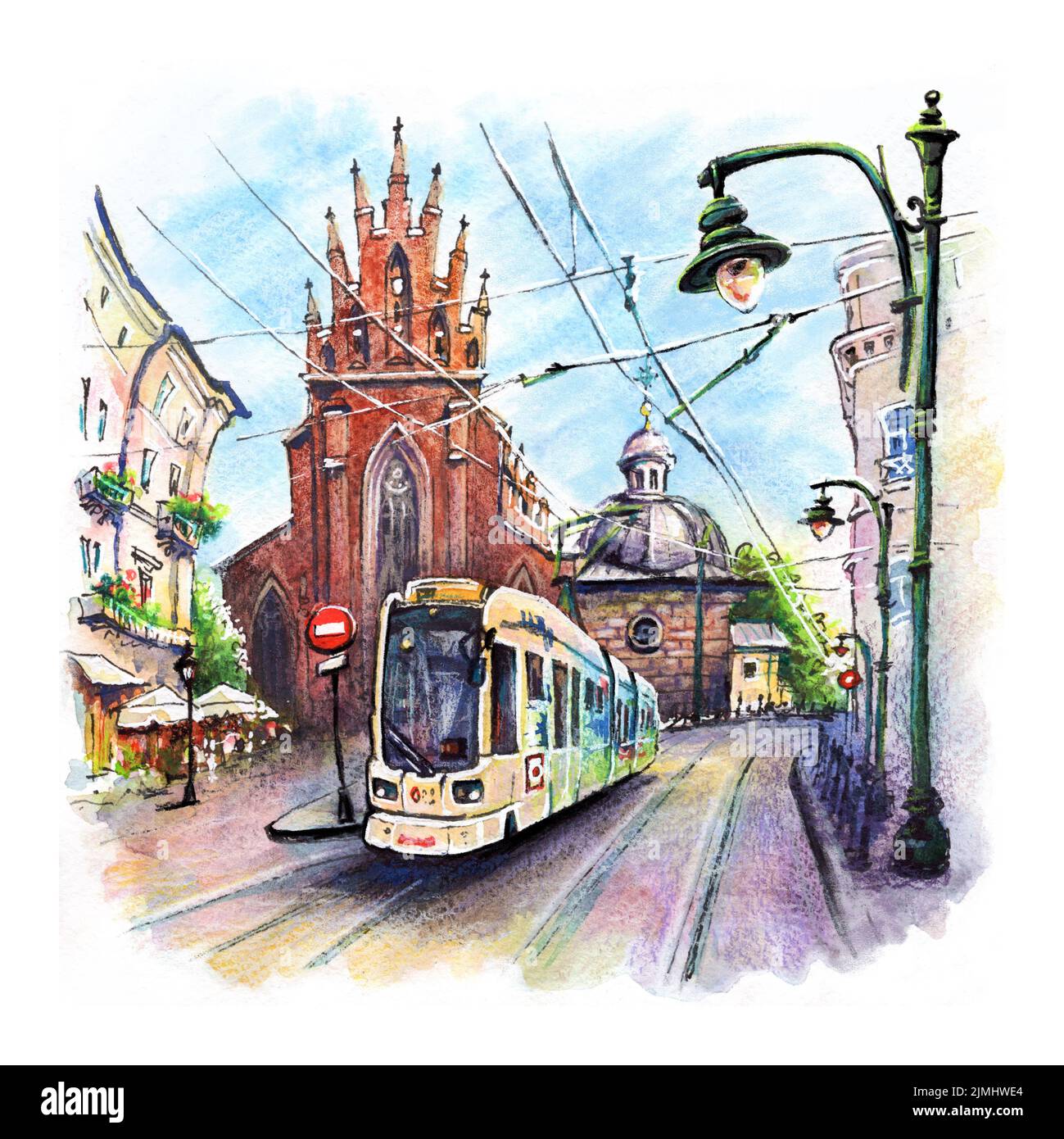 Aquarell-Skizze der Straßenbahn in der Nähe der Dreifaltigkeitskirche, Krakau, Polen Stockfoto