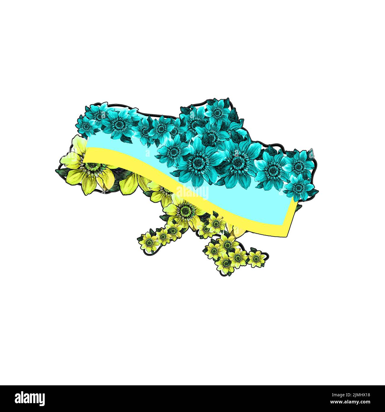 Aquarell Illustration Karte der Ukraine von blühenden blauen und gelben Blumen, isoliert. Symbol der Ukraine-Flagge in Form einer Karte.Farbe der Ukraine. Unterstützung Stockfoto