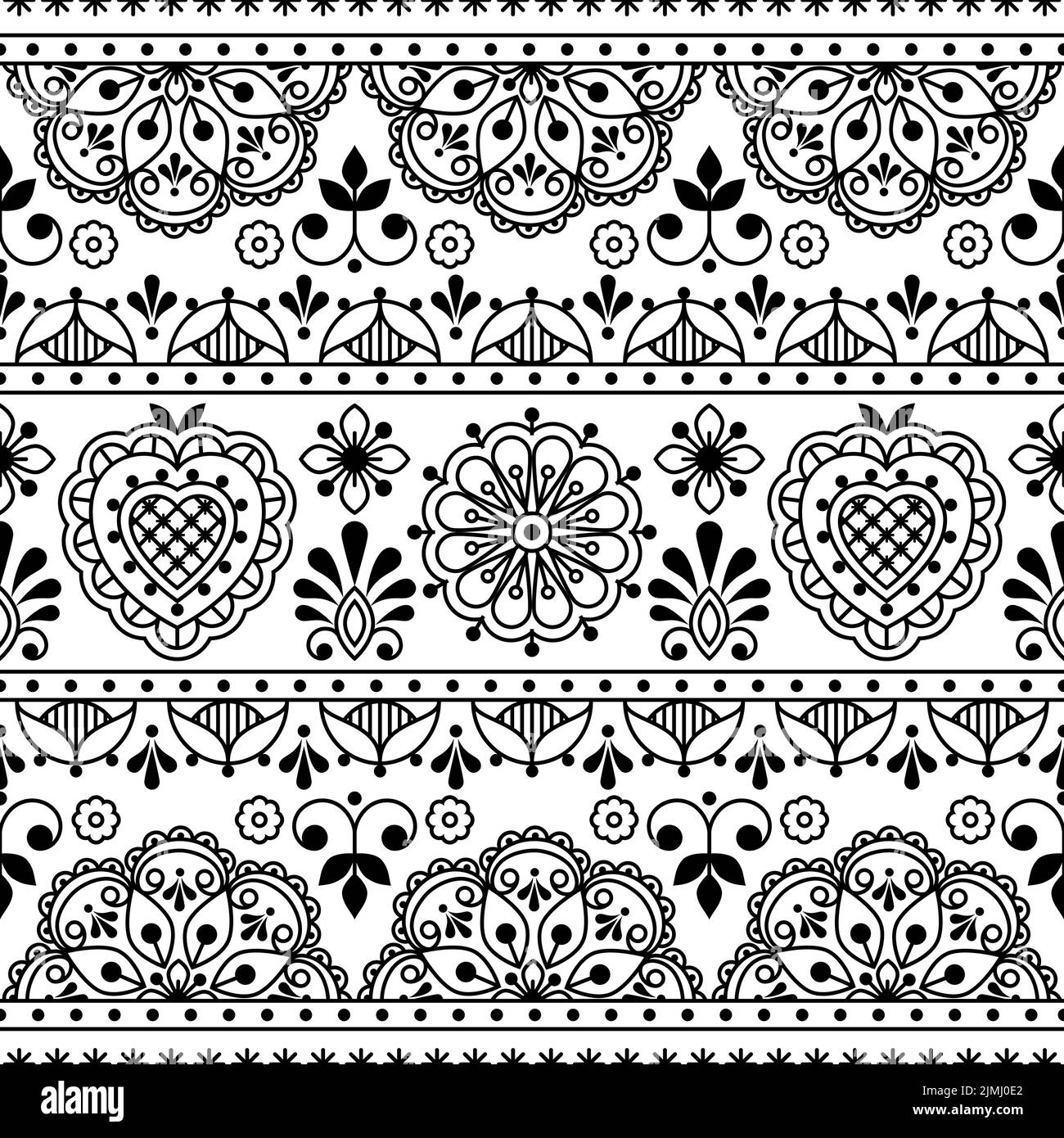 Skandinavische Volkskunst skizzieren Vektor nahtlose Textil- oder Stoffdruck, schwarz-weiß repetitve Design mit Blumen inspiriert von Spitze und Stickerei b Stock Vektor