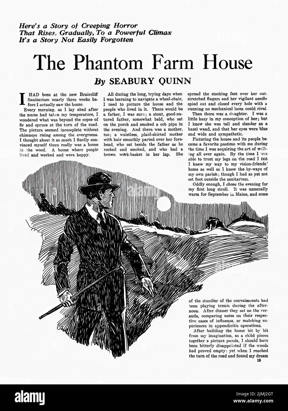 The Phantom Farm House, von Seabury Quinn. Illustration aus Weird Tales, Oktober 1923 Stockfoto