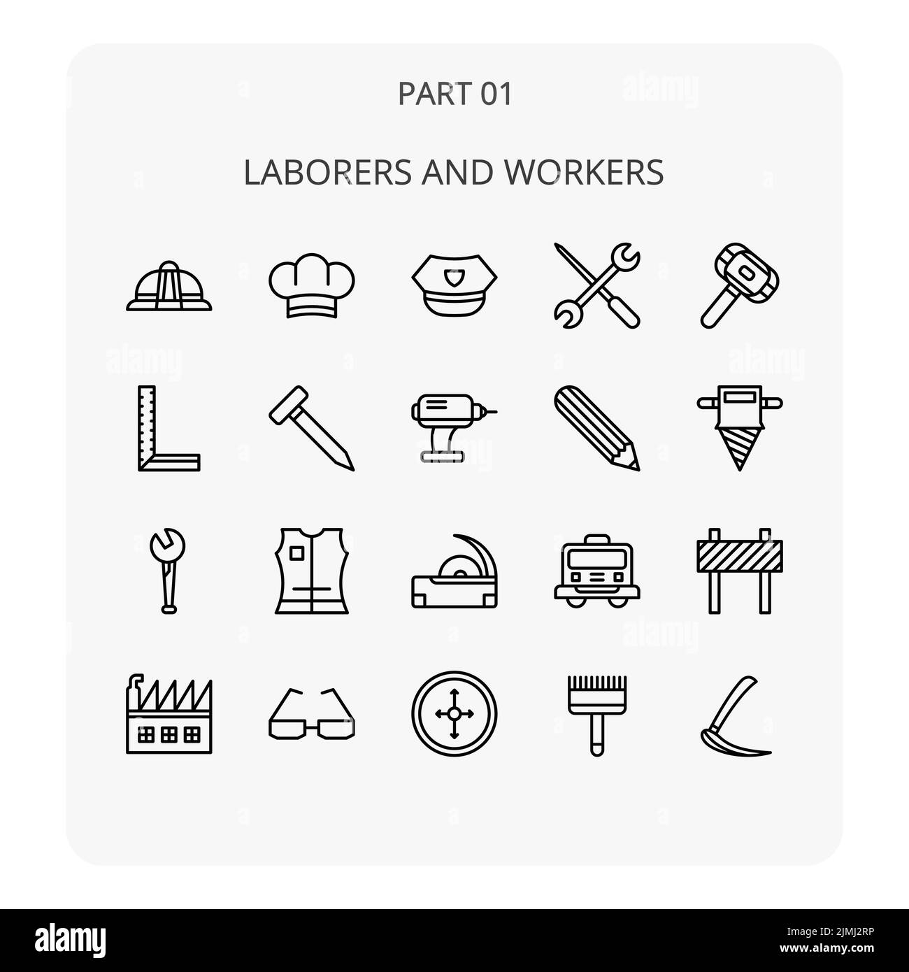 Eine Reihe von Symbolen für Arbeiter und Arbeiter mit weißem Hintergrund Stock Vektor