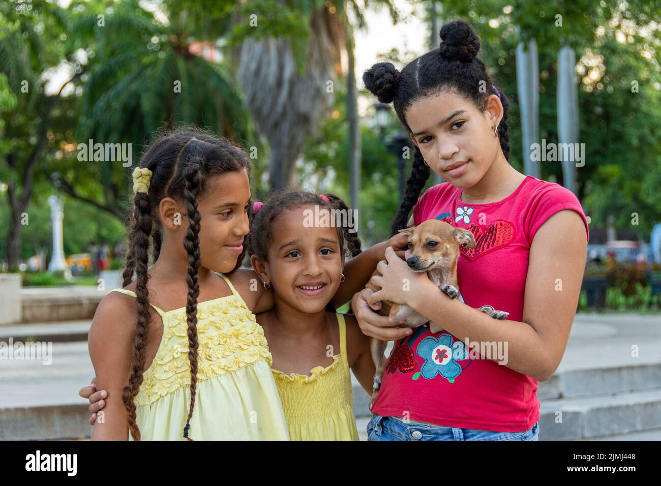 Drei junge kubanische Mädchen, alle Schwestern, posieren mit ihrem kleinen Chihuahua-Hund in Havanna, Kuba. Stockfoto