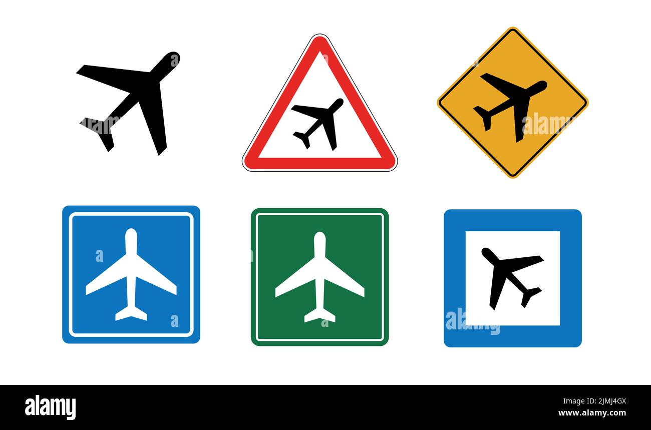 Satz von Flugzeug oder Flughafen Straßenschilder Vektor Illustration Symbole Stock Vektor
