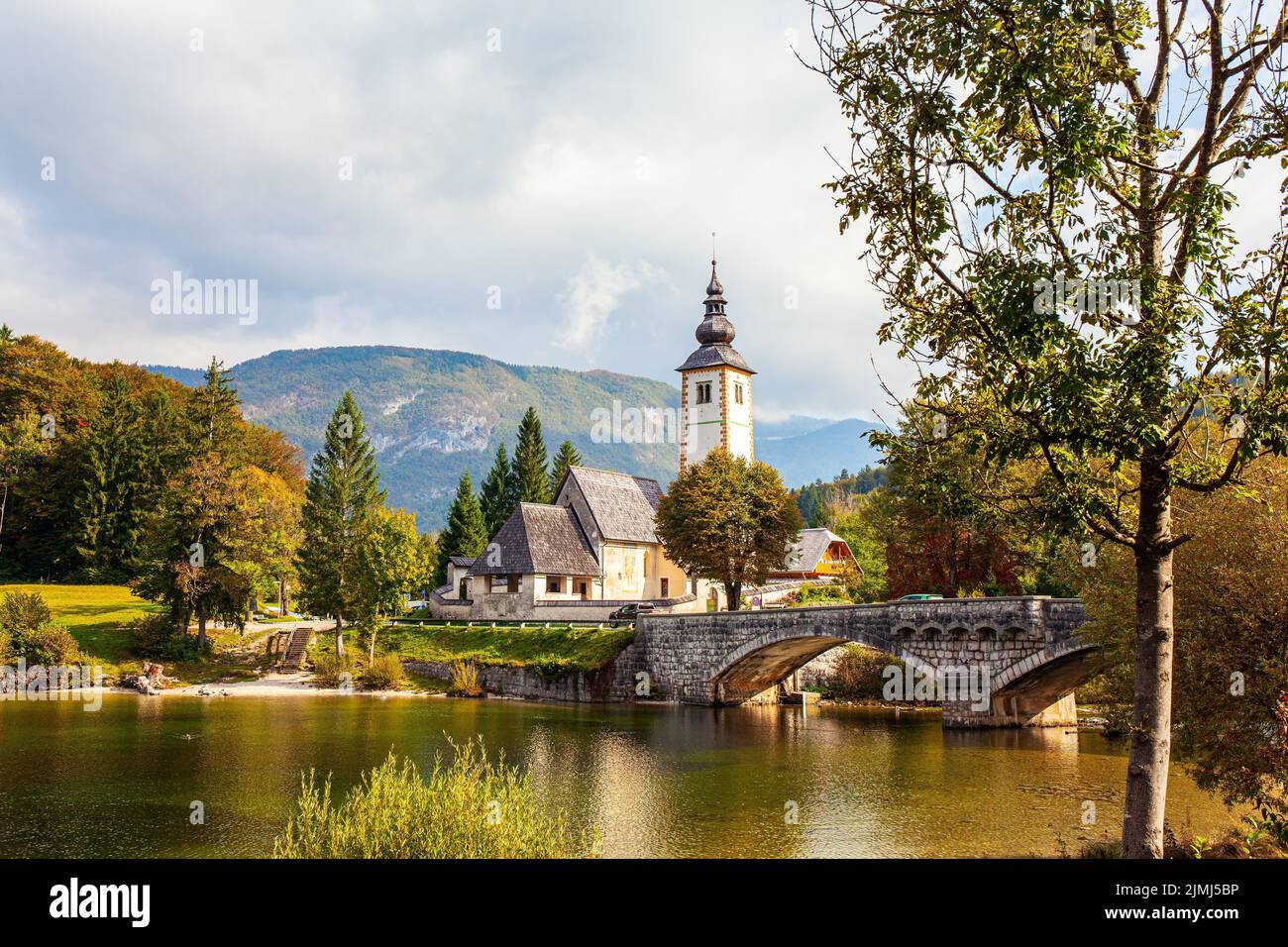 Malerische Ufer des Bohinjer Sees Stockfoto