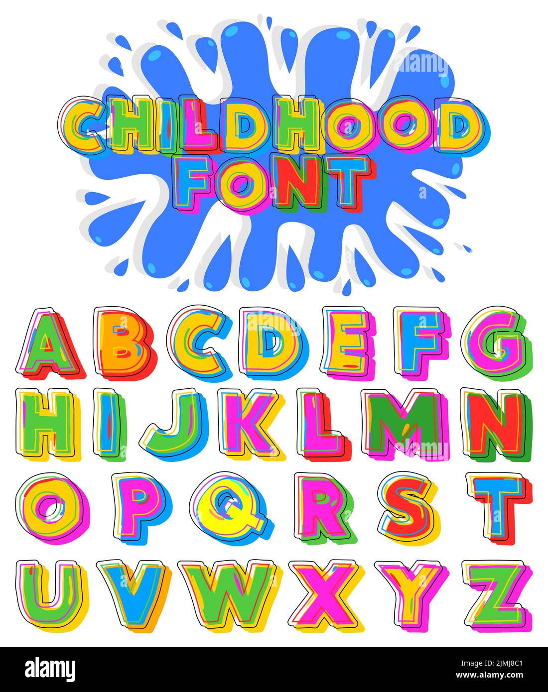 Schriftart Für Die Kindheit. Leuchtende Buchstaben für Kinder, Symbole. Buntes Vektor-Typoskript für Marketing, Karten- und Poster-Design. Stock Vektor