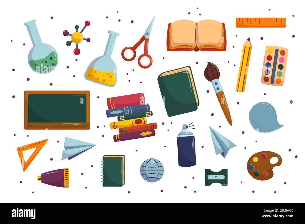 Cartoon-Sammlung mit Schulausrüstung. Zurück zu den Schulmaterialien - Tafel und Bücher, Chemistry Tube. Handgezeichnete Vektorgrafiken. Stock Vektor