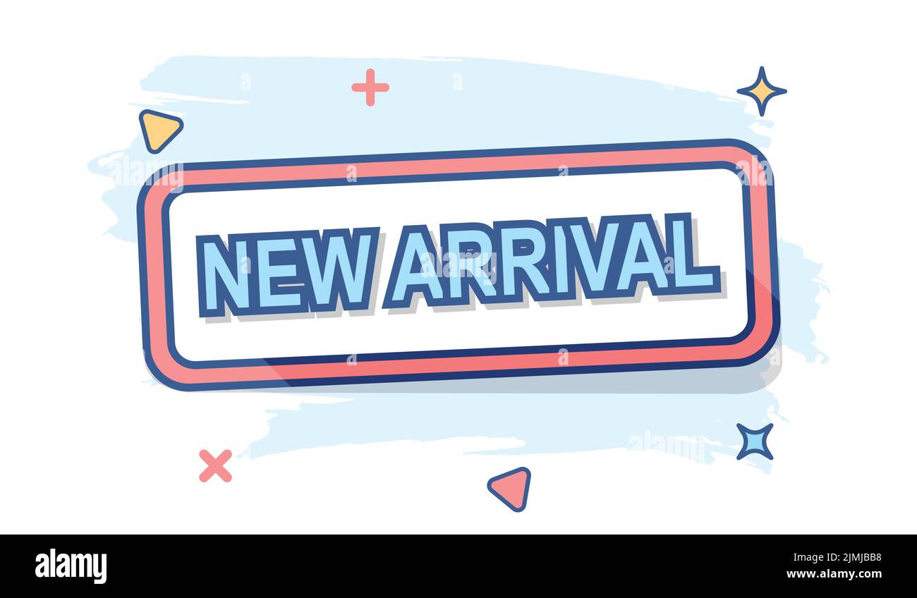 Cartoon farbige neue Ankunft Symbol im Comic-Stil. Illustration verkaufen – Piktogramm. Marktschild Splash Geschäftskonzept. Stock Vektor