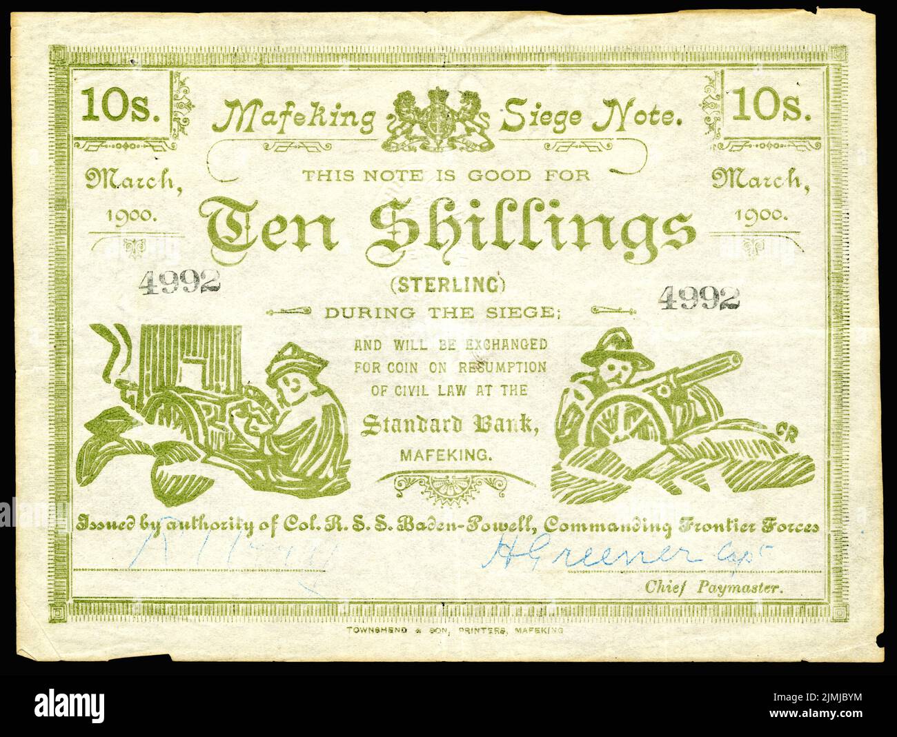 Belagerung von Mafeking, 10 Schilling Boer-Kriegswährung, herausgegeben von Oberst Robert Baden-Powell. Stockfoto