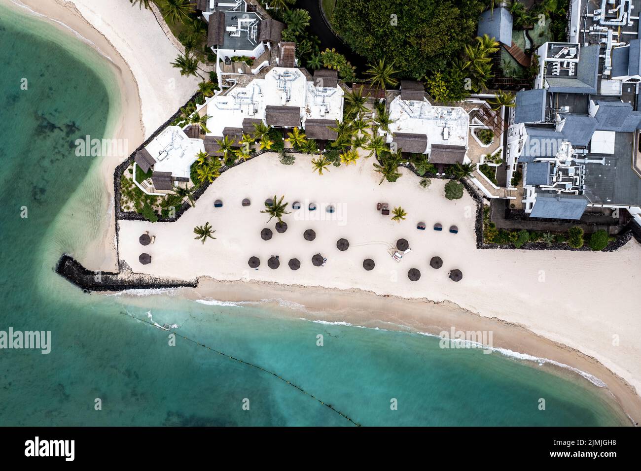 Luftaufnahme, Bucht am Grand Port, Hotel Shangri-la le Touessrok, ile Chat, il aux Cerfs, Flacq, Mauritius, Afrika Stockfoto