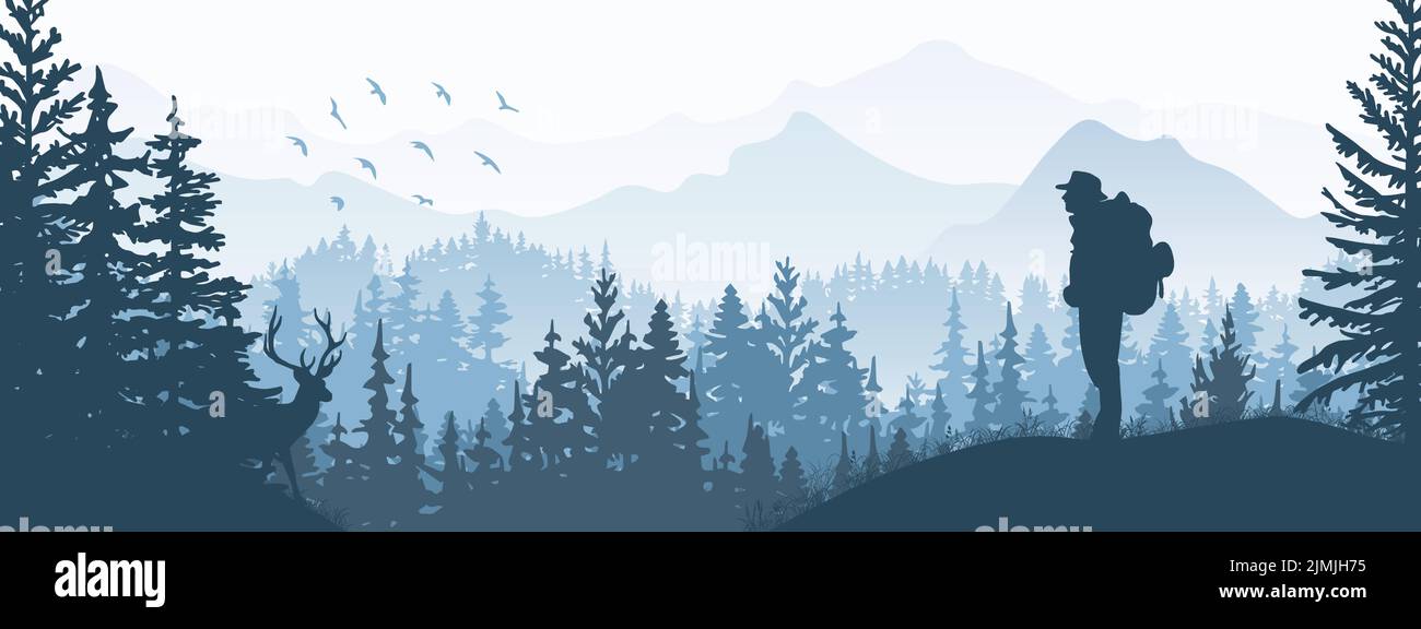 Horizontales Banner. Silhouette des Touristen mit Rucksack steht auf der Wiese im Wald, beobachten Hirsch. Berge und Bäume im Hintergrund. Magisches, nebliges Land Stock Vektor