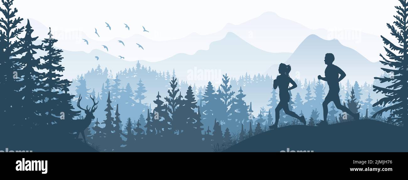 Silhouette von Jungen und Mädchen joggen. Wald, Wiese, Berge. Horizontales Banner. Blaue Abbildung. Stock Vektor