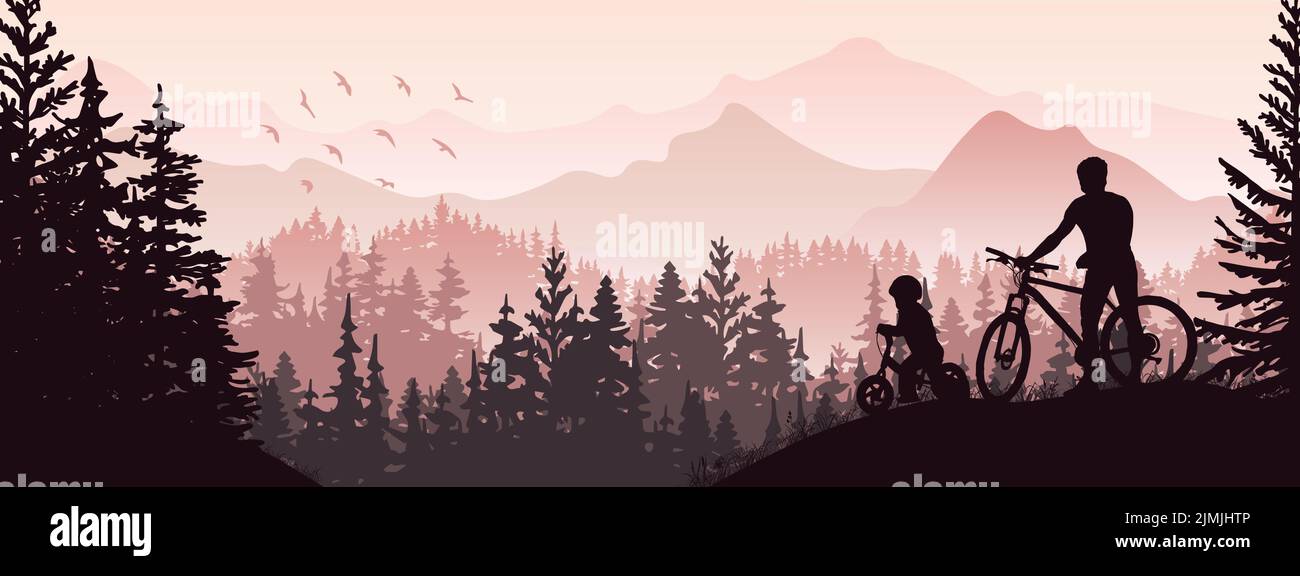 Silhouette von Vater und Kind auf dem Fahrrad in wilder Naturlandschaft. Wald und Berge im Hintergrund. Magische neblige Landschaft. Banner. Horizont Stock Vektor