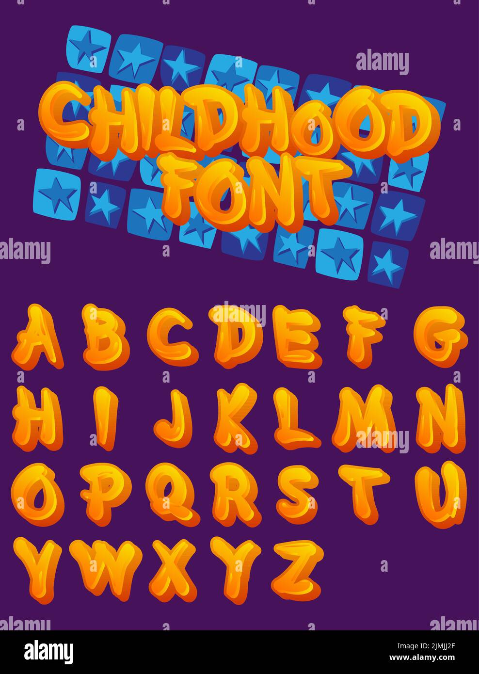 Schriftart Für Die Kindheit. Leuchtende Buchstaben für Kinder, Symbole. Buntes Vektor-Typoskript für Marketing, Karten- und Poster-Design. Stock Vektor
