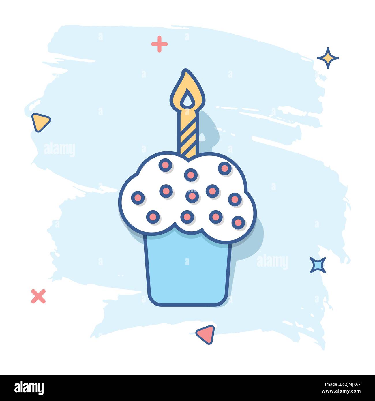 Cartoon Geburtstagstorte Ikone im ComicStil. Frische Kuchen Muffin