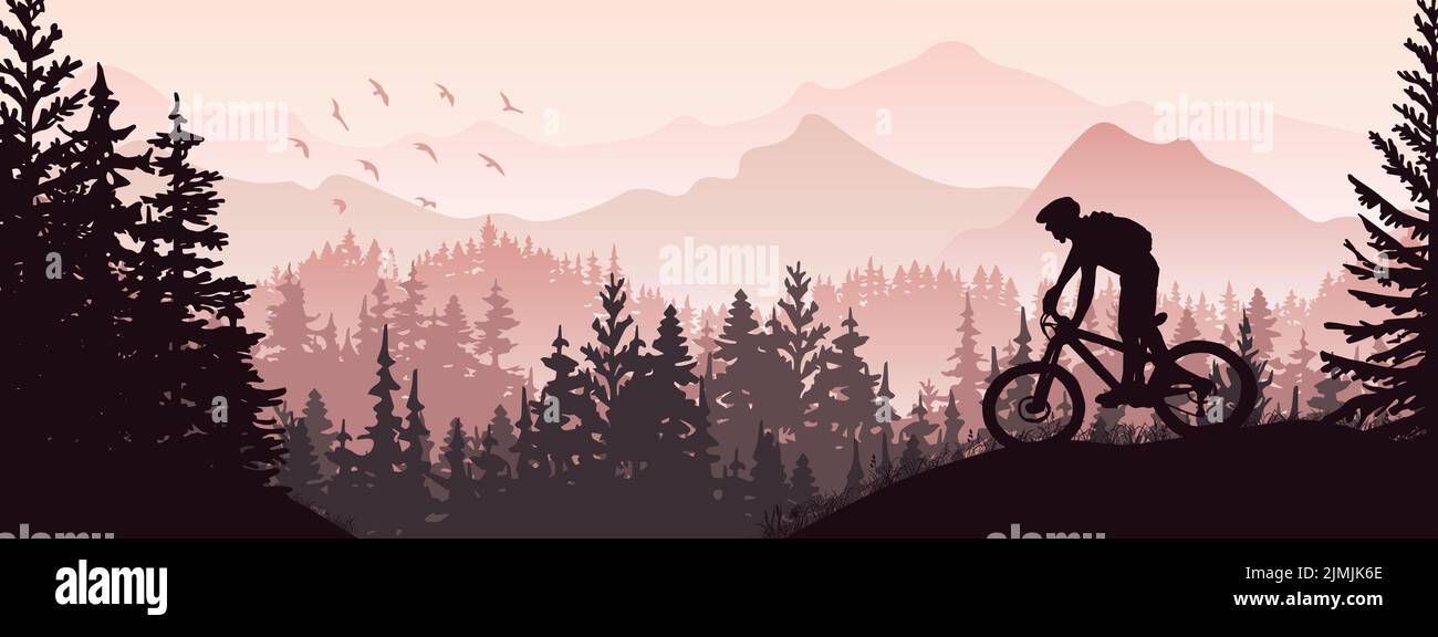Silhouette von Mountainbike-Fahrer in der wilden Natur Landschaft. Berge, Wald im Hintergrund. Magisch neblige Natur. Rosa und violette Illustration. Stock Vektor