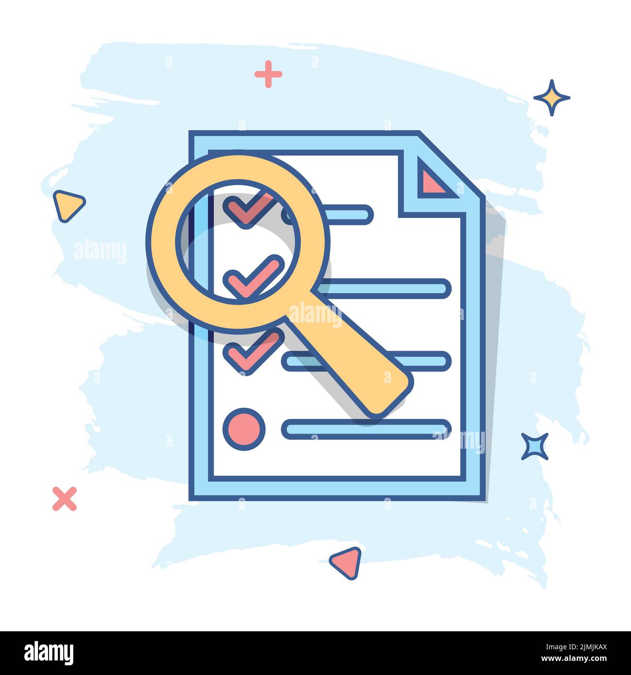 Cartoon Dokumentsymbol im Comic-stil. Dokument Dateien zoom Abbildung Piktogramm. Mit Checkliste Zeichen splash Geschäftskonzept Lupe. Stock Vektor