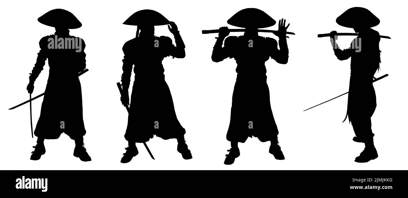 Silhouette des japanischen Samurai-Kriegers. Mann mit Schwert. Stockfoto