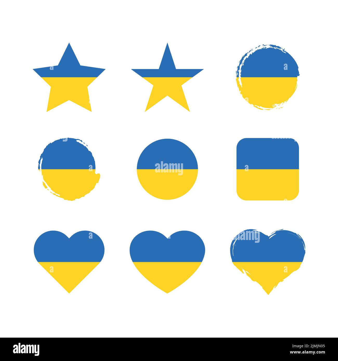 Ukraine Vektorkreis und Herzflagge gesetzt. Ukrainische trockene Pinsel und Grunge-Effekt Stempel Flaggen. Stock Vektor