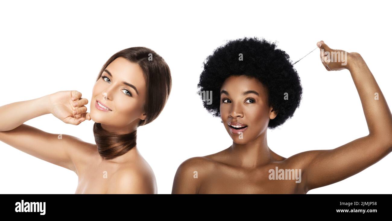 Kaukasische und afrikanische Mädchen. Vergleich verschiedener Haar- und Hauttöne. Stockfoto