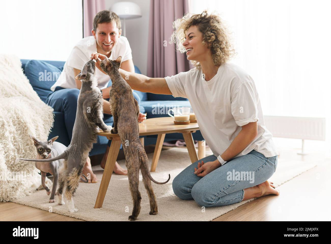 Glückliches kaukasisches Paar und ihre Katzen zu Hause Stockfoto