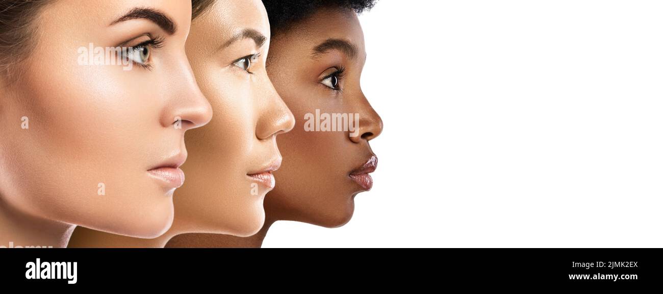 Verschiedene ethnische Zugehörigkeit Frauen - kaukasischen, afrikanischen und asiatischen. Stockfoto