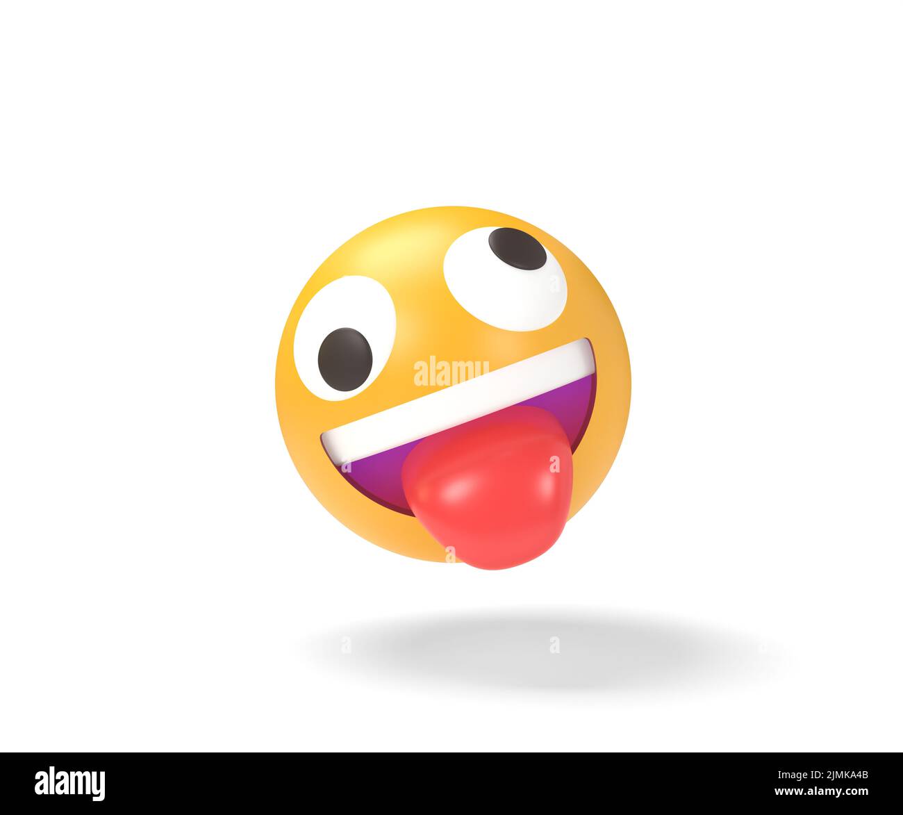Verrückte gelbe Emoji mit Zunge hängt isoliert auf weißem Hintergrund. 3D Abbildung Stockfoto