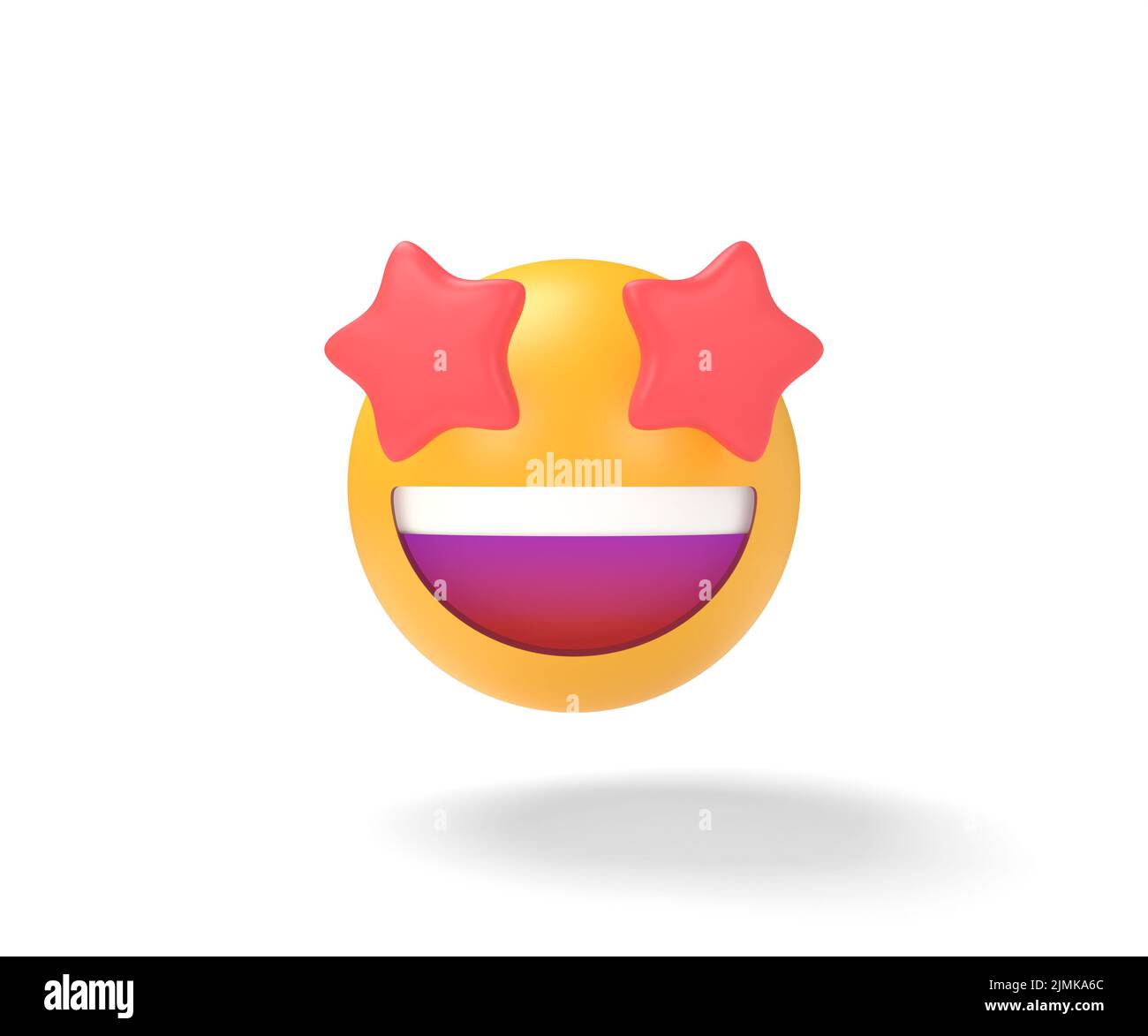 Sternenklare Emoji-Ikone. Rote Sterne für Augen aufgeregt Emoticon mit offenem Lächeln 3D Illustration Stockfoto